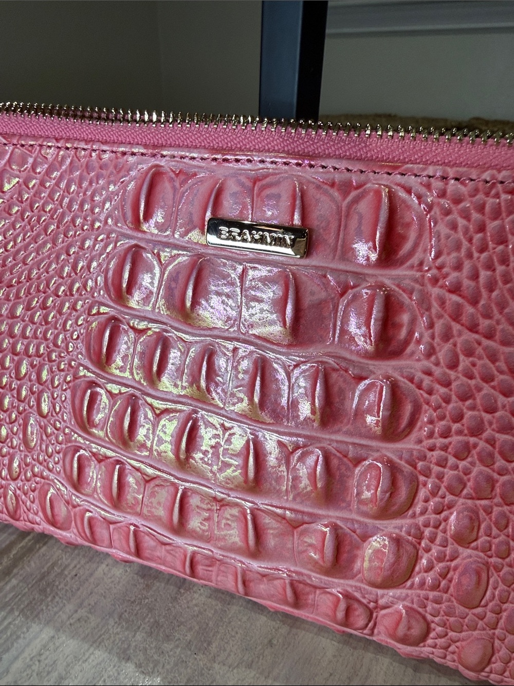 Brahmin Metallic Pink Daisy Croc-Embossed Leather Wristlet with Gold Hardware - Picture 3 of 9